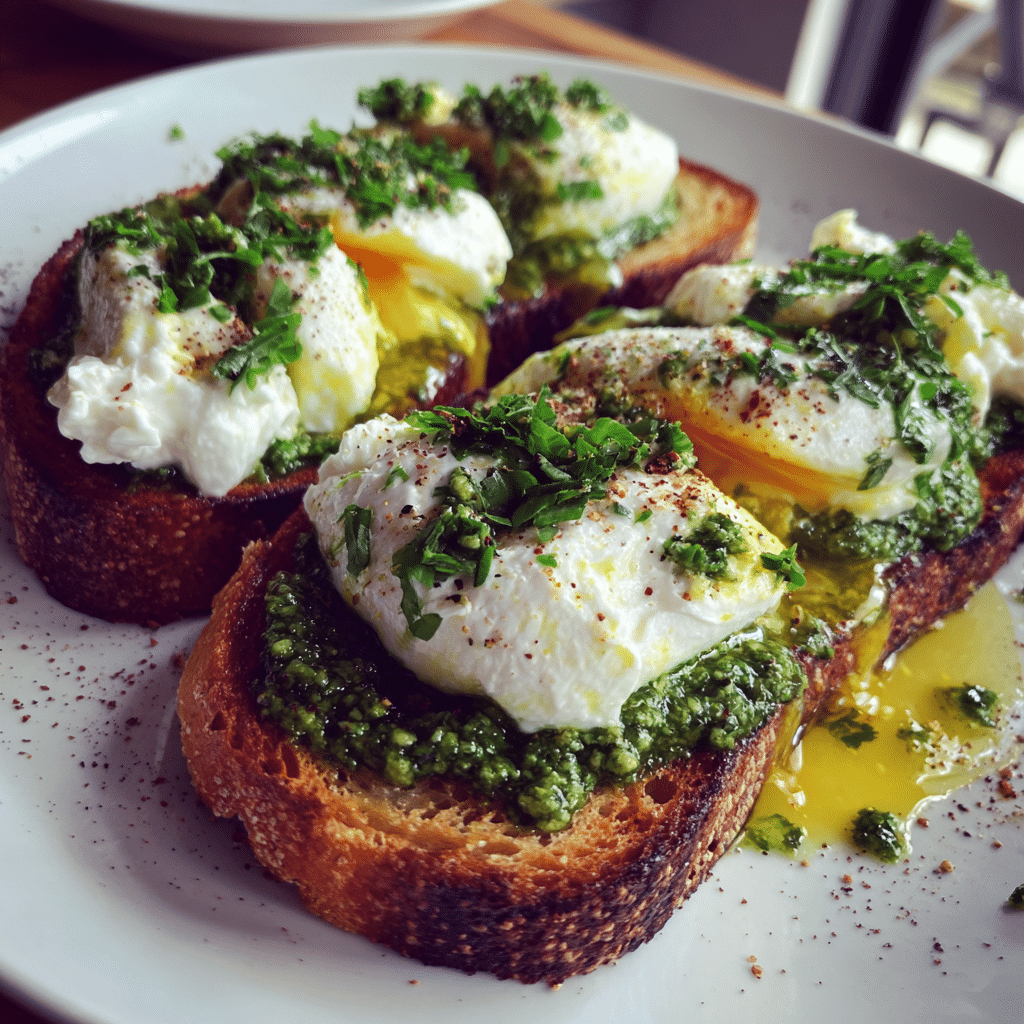 Pesto Eggs with Whipped Ricotta and Burrata on Toast