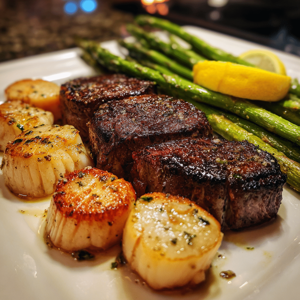 Scampi-Style Steak & Scallops with Roasted Asparagus