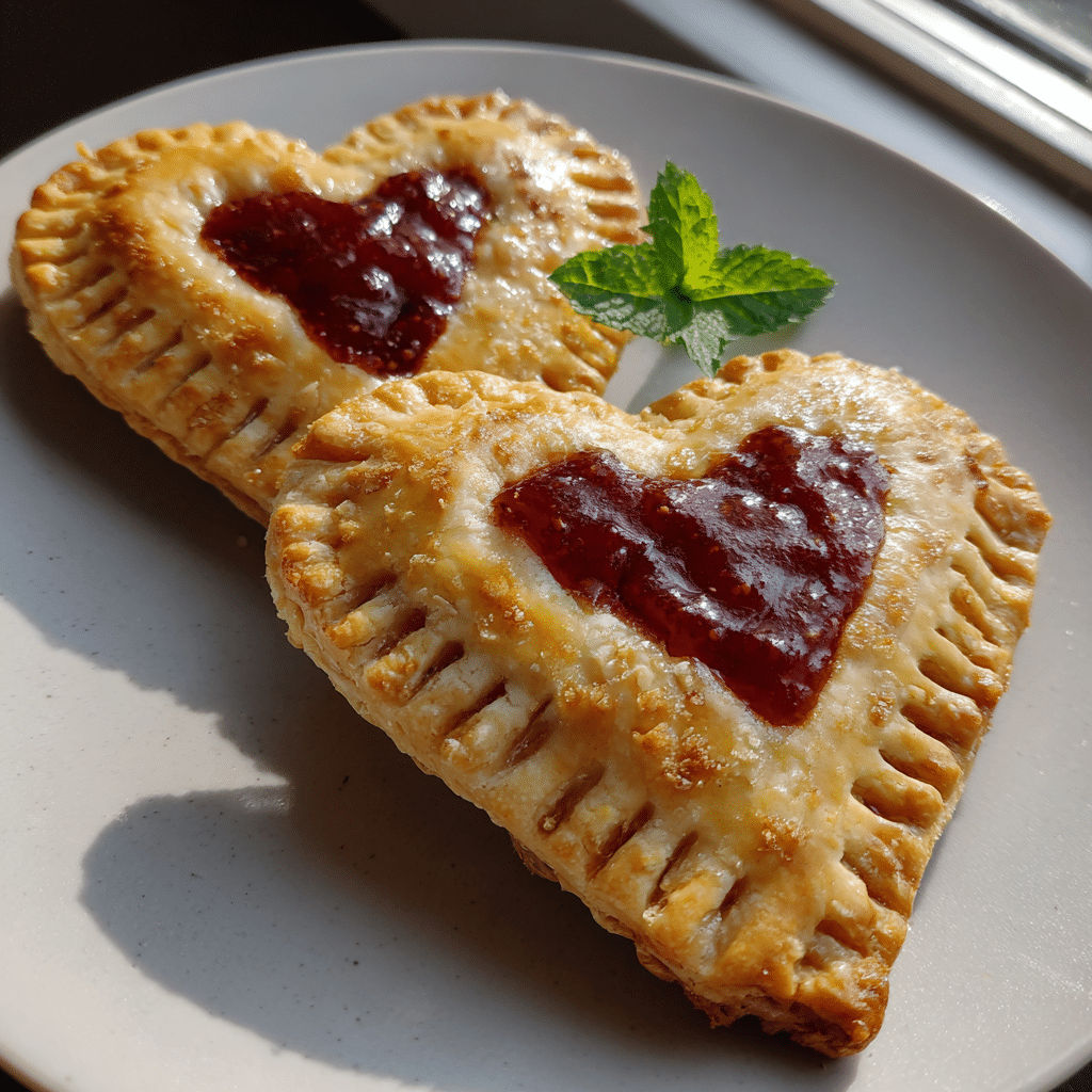 homemade Heart pop tarts with pie crust and strawberry jam.