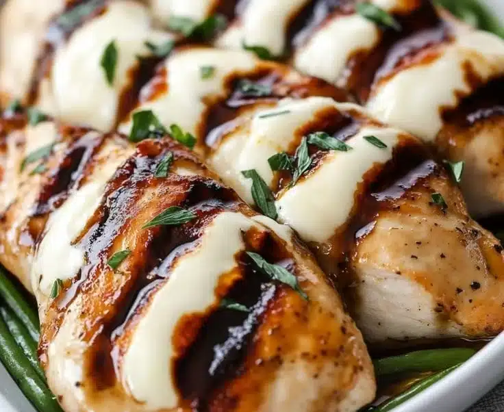 Balsamic baked chicken breast topped with melted mozzarella cheese