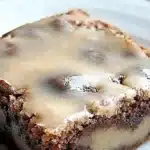 Delicious banana bread brownies topped with chocolate chips on a wooden table