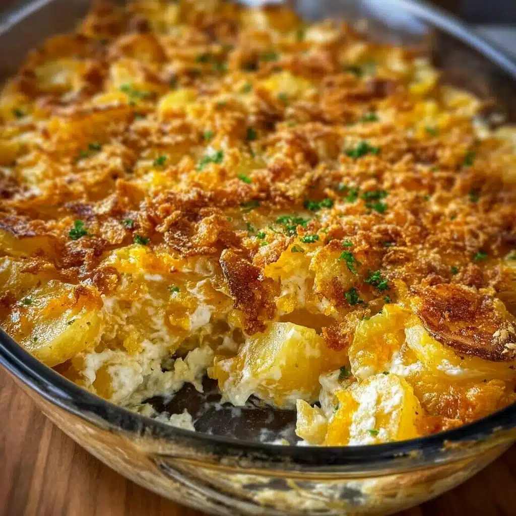 Delicious served dish of funeral potatoes topped with crispy edges and cheese.