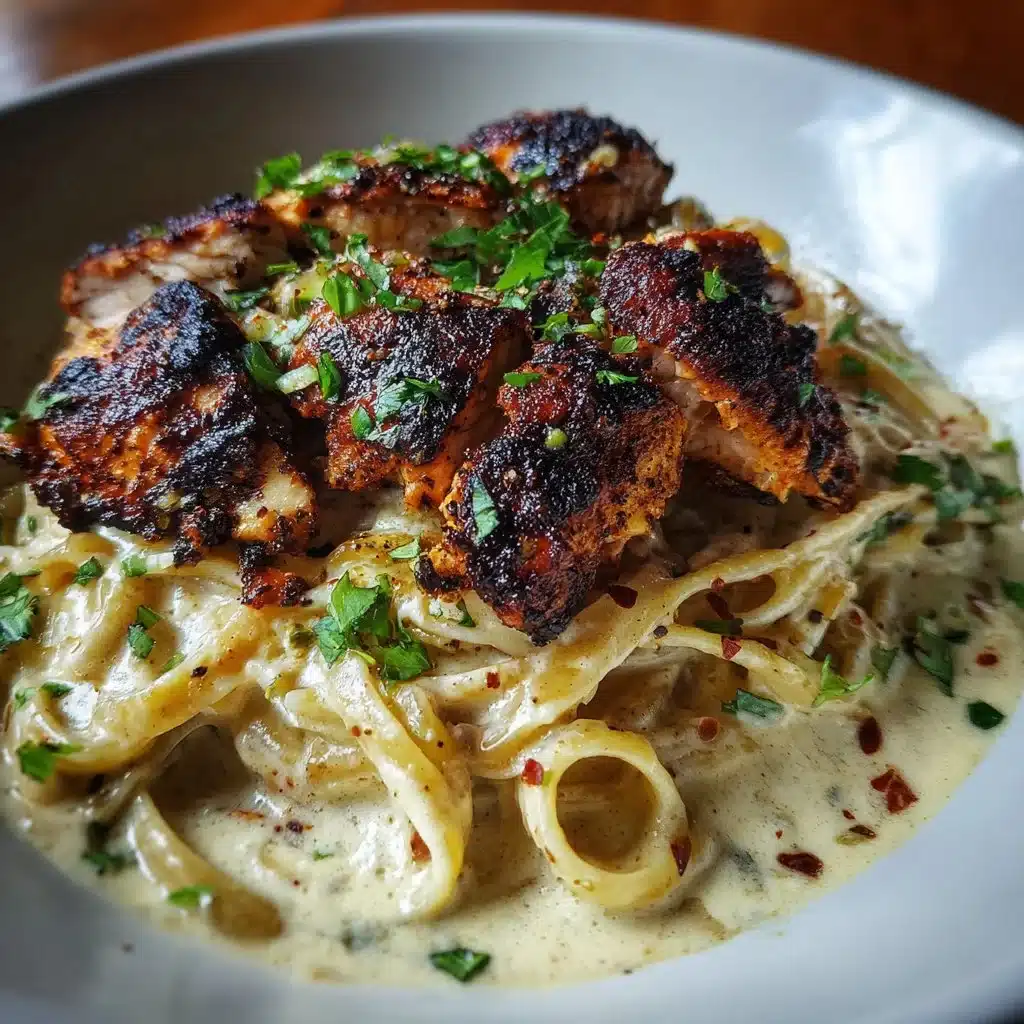 Delicious plate of Blackened Cajun Chicken Alfredo pasta garnished with parsley