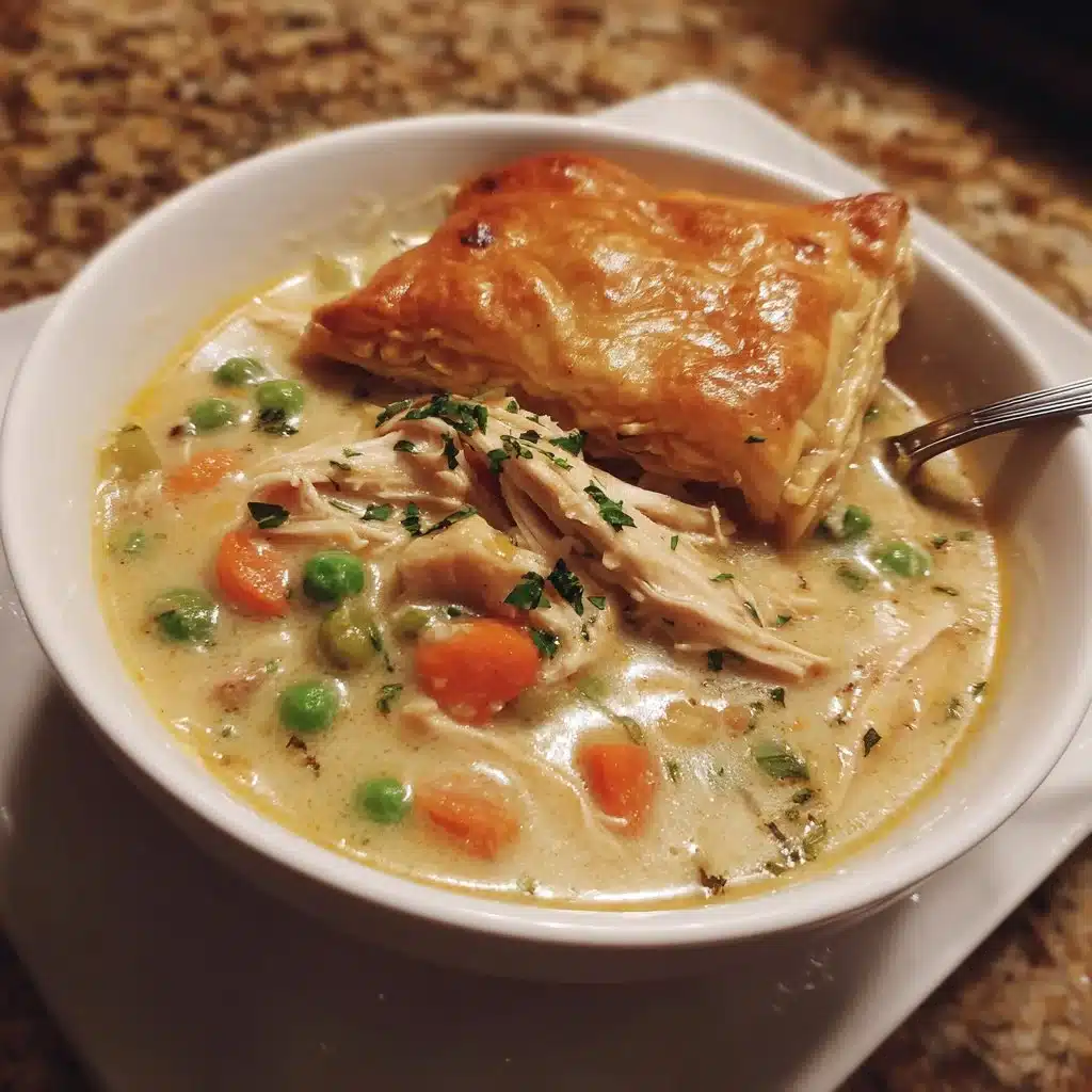 Delicious chicken pot pie soup served in a bowl with fresh herbs on top.