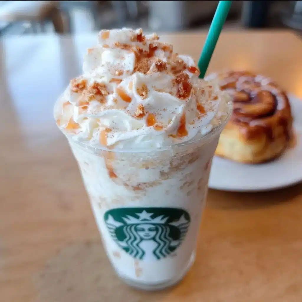 Delicious Cinnamon Roll Frappuccino served in a glass with whipped cream.