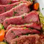 Delicious corned beef served with traditional sides on a plate
