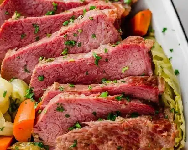 Delicious corned beef served with traditional sides on a plate