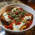 Cottage Cheese Chicken Parmesan Bowl with melted cheese and herbs