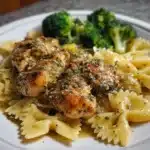 Delicious Cowboy Butter Lemon Bowtie Chicken served with broccoli