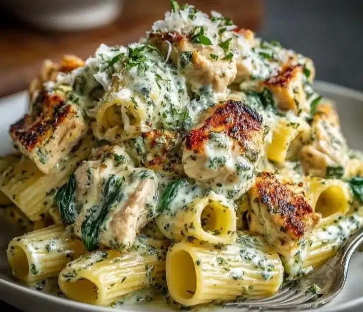 Delicious creamy pesto chicken pasta served in a bowl with fresh basil.