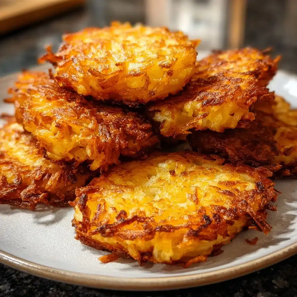 Crispy hash browns served on a white plate with herbs garnish