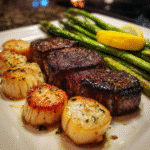 Scampi-Style Steak & Scallops with Roasted Asparagus