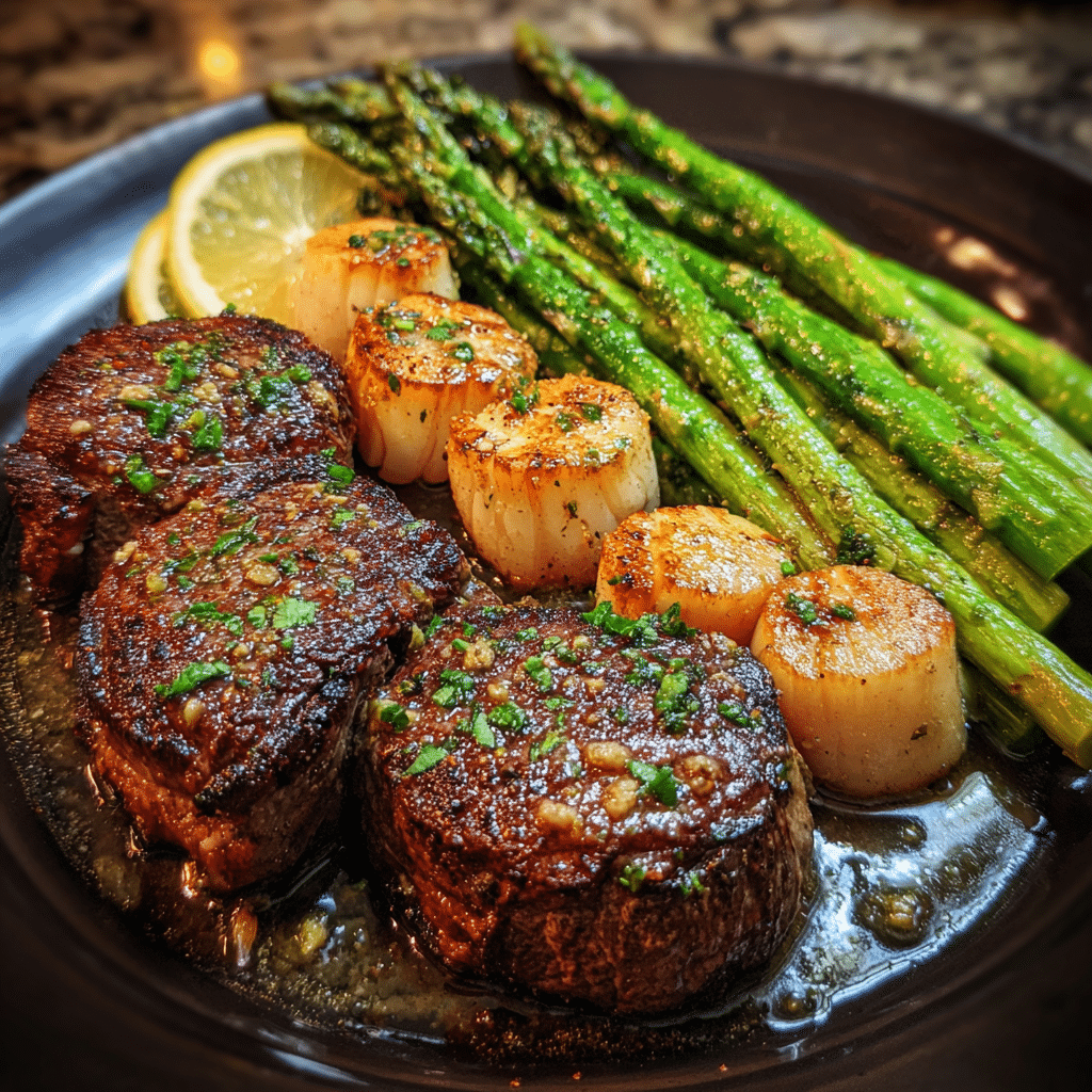 Scampi-Style Steak & Scallops with Roasted Asparagus Recipe