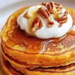 Fluffy sweet potato pancakes stacked with syrup and berries.