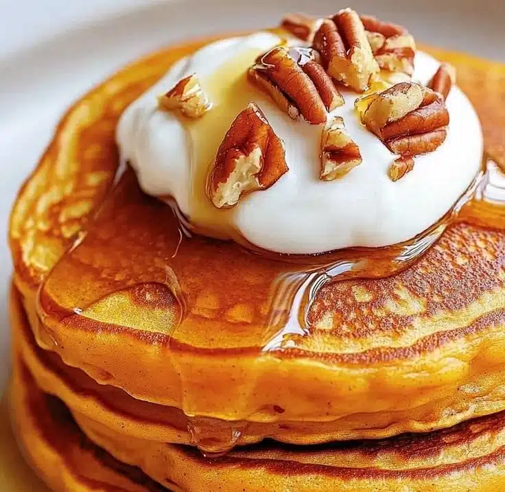 Fluffy sweet potato pancakes stacked with syrup and berries.