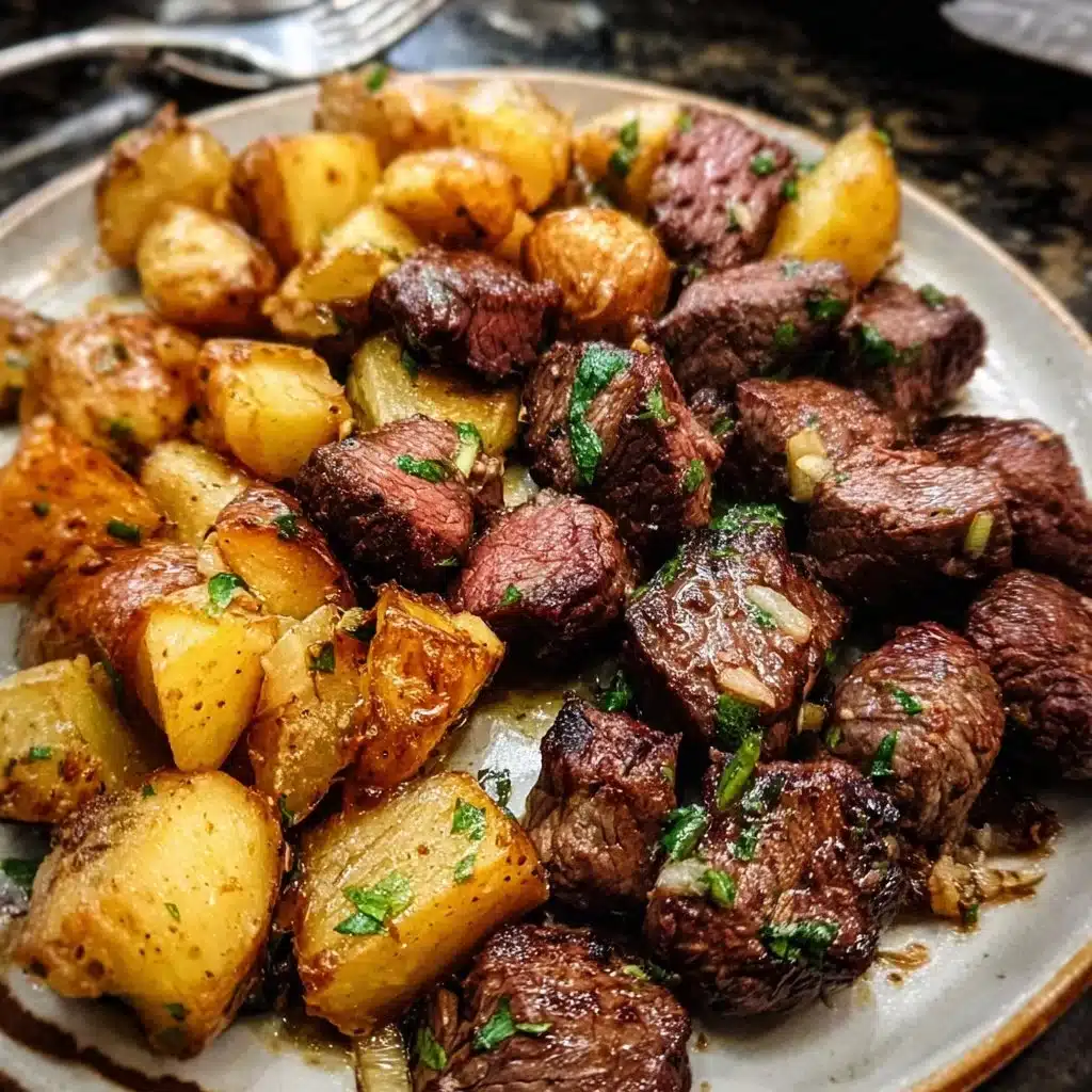 Garlic butter beef bites served with potatoes on a plate.