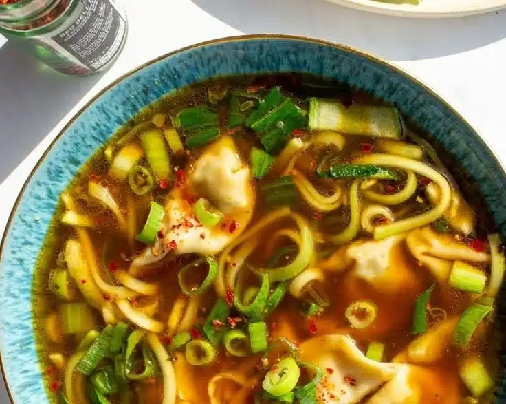 Delicious bowl of Gyoza Soup with dumplings and vegetables