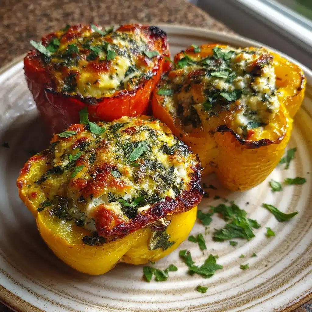 Herby ricotta stuffed peppers baked to perfection, garnished with herbs.