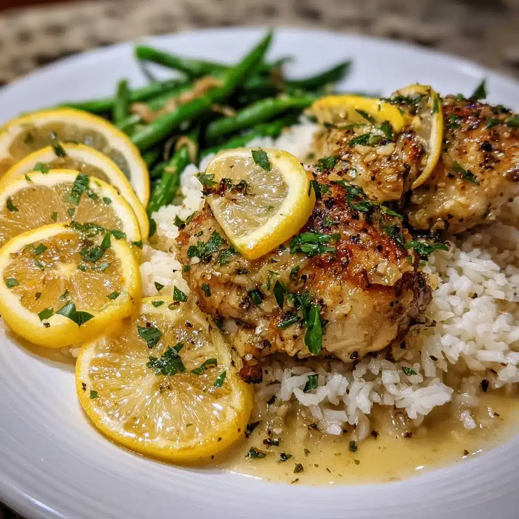 Honey Lemon Pepper Chicken Thighs garnished with lemon slices and peppercorns