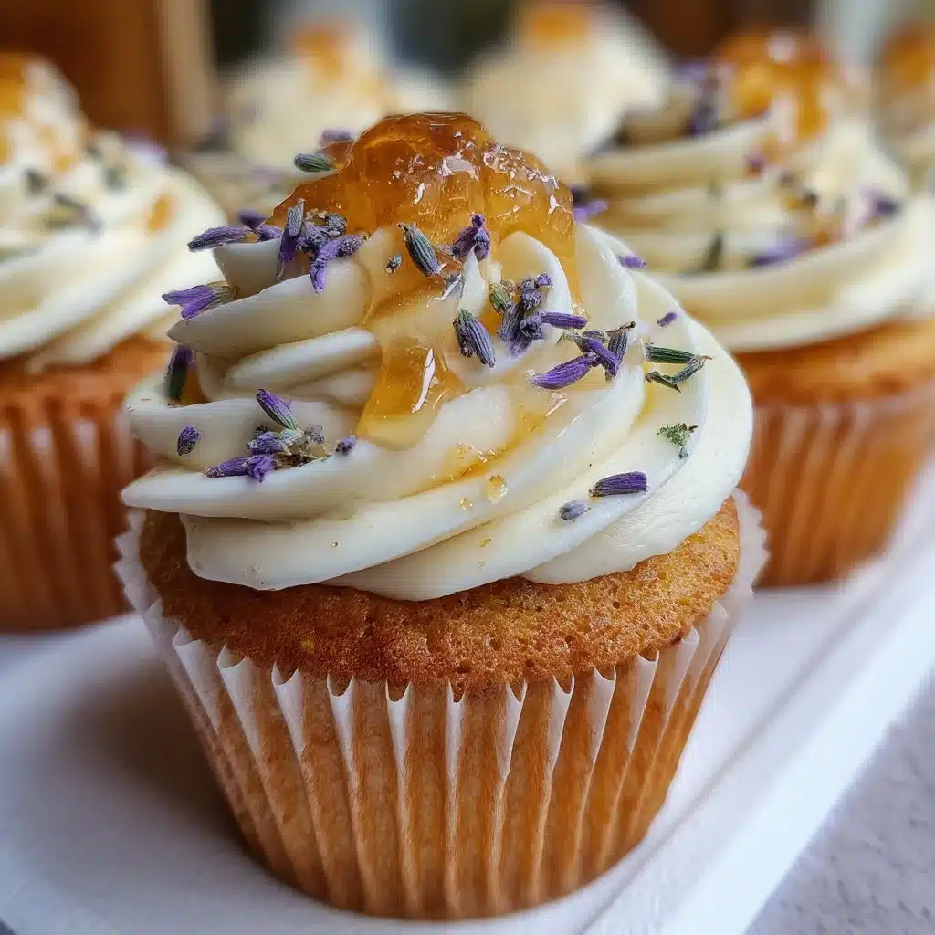 Lavender Honey Cupcakes topped with lavender frosting on a rustic wooden table