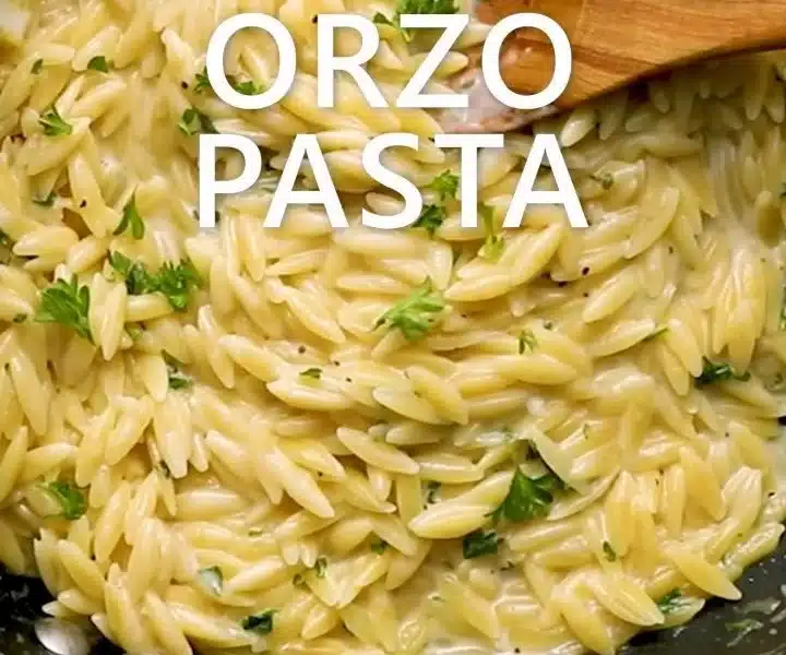 Delicious lemon orzo pasta garnished with herbs and lemon zest