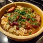 Delicious Louisiana Red Beans and Rice served in a bowl with spices and herbs