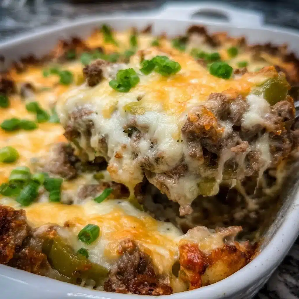Low carb Philly cheesesteak casserole topped with melted cheese and peppers