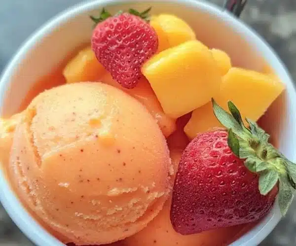 Bowl of vibrant Mango Strawberry Sorbet with fresh fruit garnish