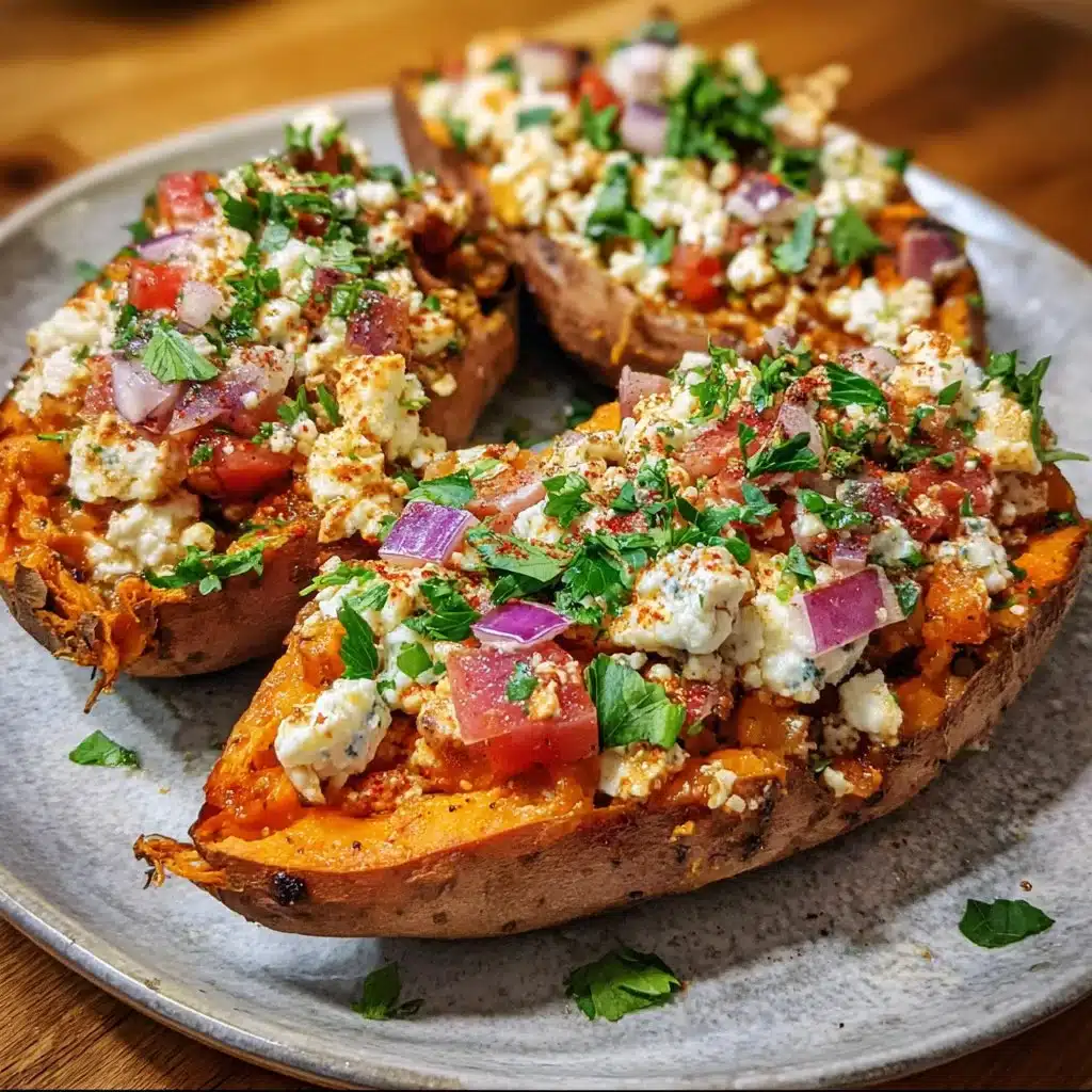 Delicious Mediterranean stuffed sweet potatoes topped with fresh herbs and spices.
