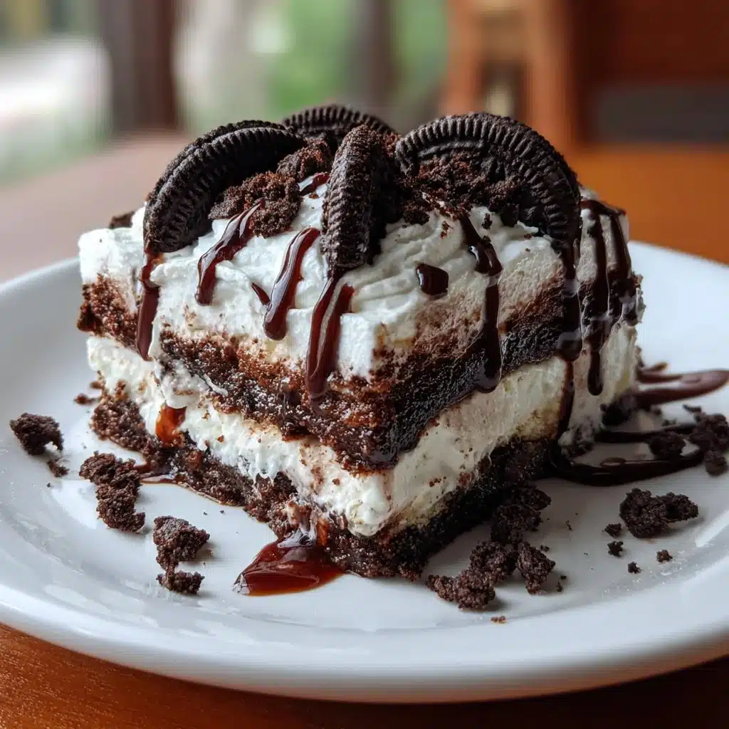 Delicious No-Bake Christmas Oreo Lasagna dessert with layers of chocolate and cream.
