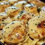 One-pan chicken dish served with buttered noodles ready to enjoy.