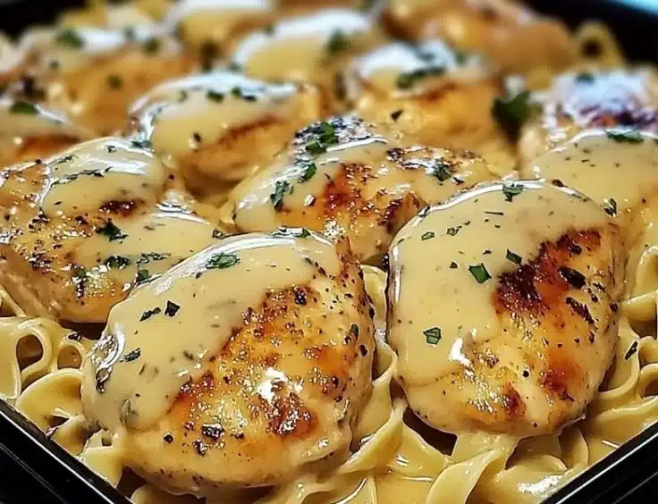 One-pan chicken dish served with buttered noodles ready to enjoy.