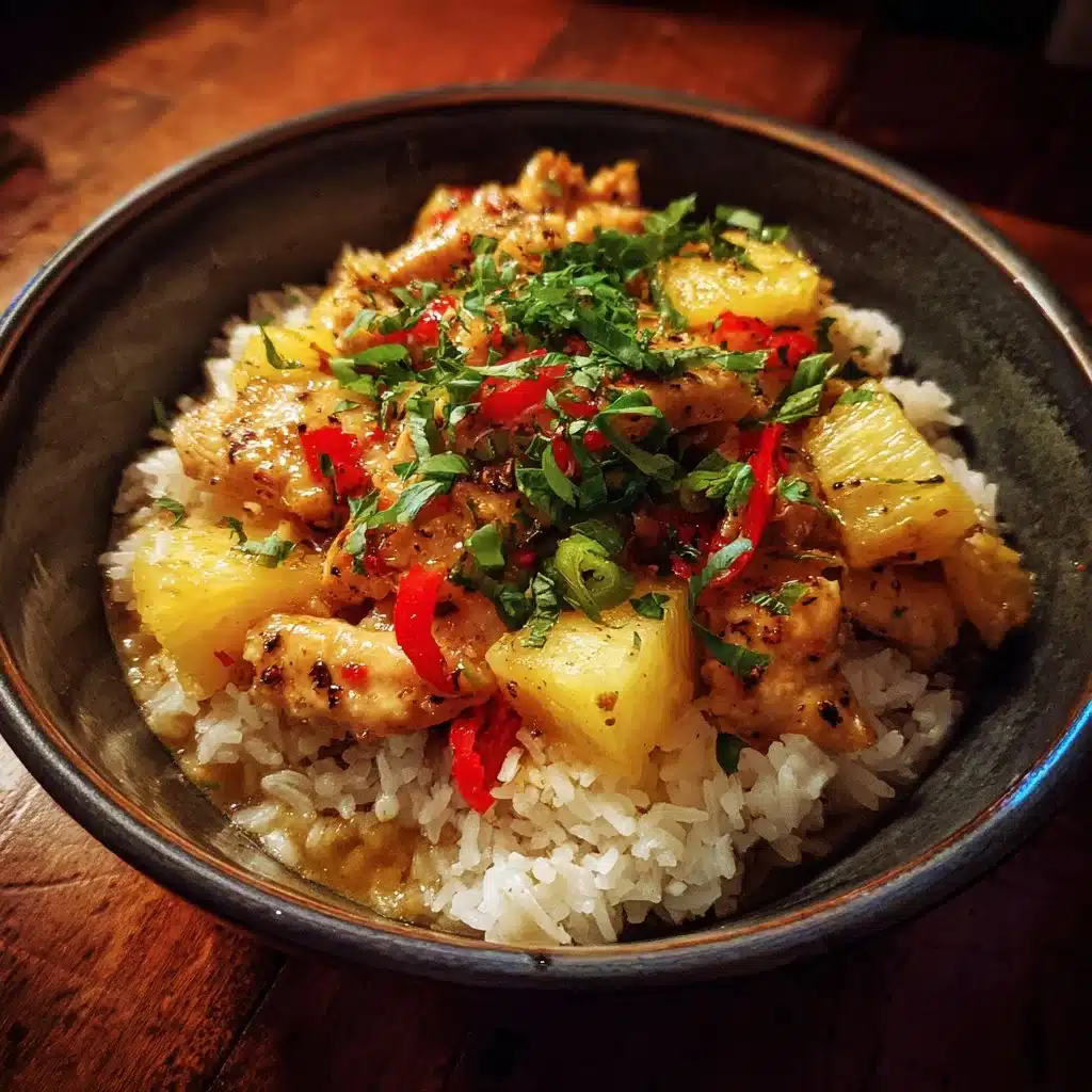 Pineapple Chicken and Rice dish garnished with fresh herbs and pineapple slices