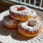 Delicious powdered sugar donuts dusted with sweet sugar on a plate