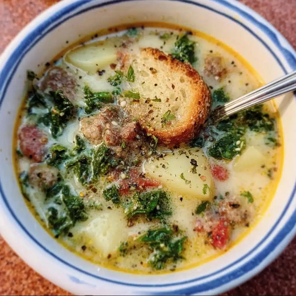 Bowl of quick Low FODMAP Tuscan Soup with fresh herbs and vegetables.