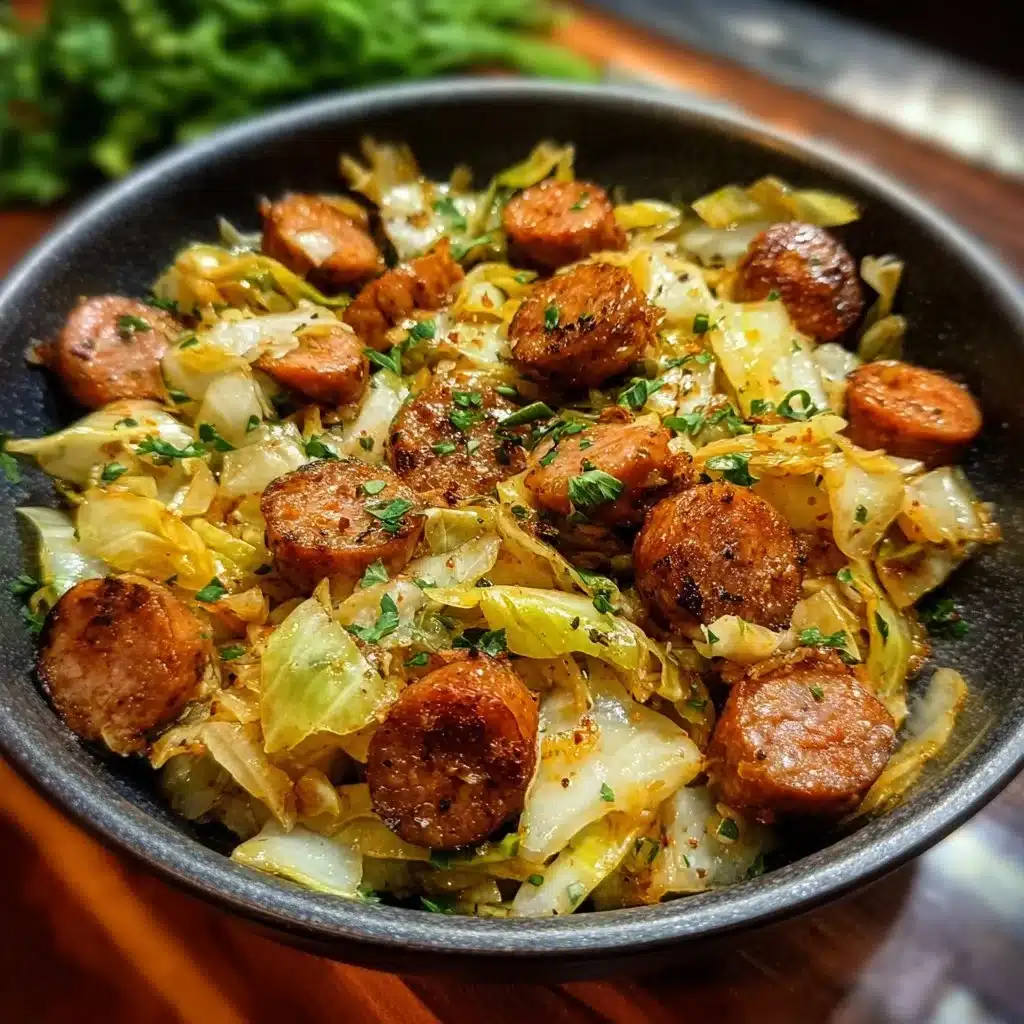 Delicious sausage and cabbage stir fry in a skillet