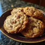 Simple brown butter pecan chocolate chip cookies on a plate
