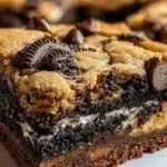 Decadent slutty brownies with layers of cookie dough, brownie, and Oreo