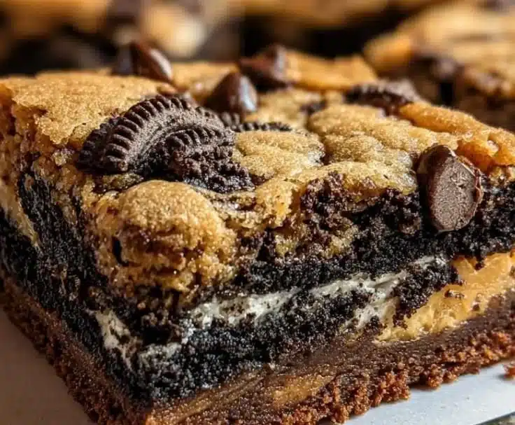 Decadent slutty brownies with layers of cookie dough, brownie, and Oreo