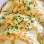 Delicious smothered cheesy sour cream chicken served with sides