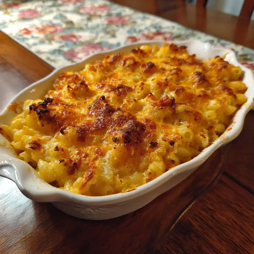 Southern baked macaroni and cheese in a baking dish, topped with golden crust.