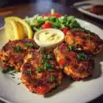 Southern salmon croquettes on a plate with garnish, crispy and golden brown