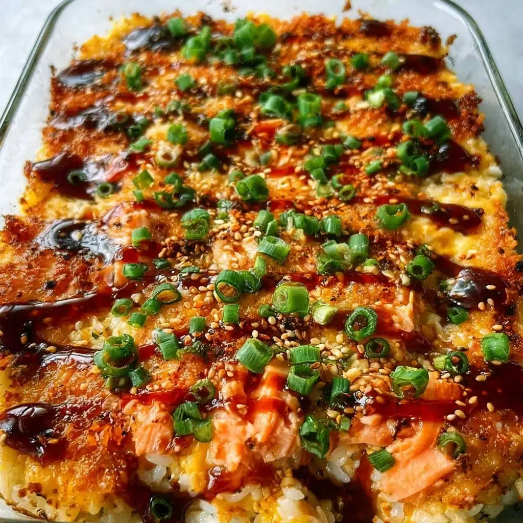 Delicious Spicy Salmon Sushi Bake recipe served in a baking dish
