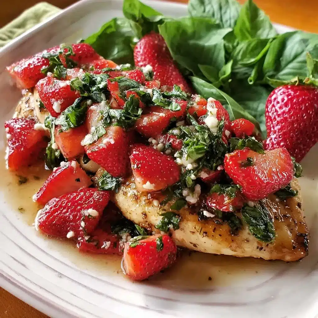 Plate of delicious Strawberry Chicken garnished with fresh strawberries.