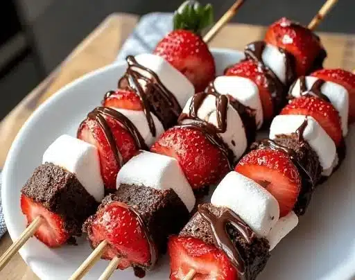 Sweet strawberry brownie kabobs ready for a party