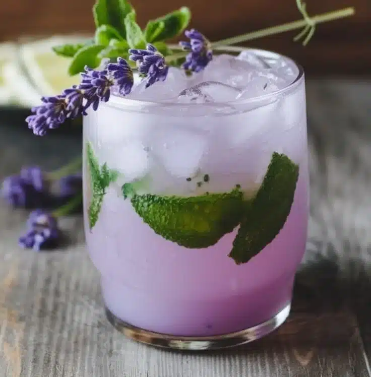 Refreshing Virgin Lavender Mojito served with fresh lavender and mint leaves.