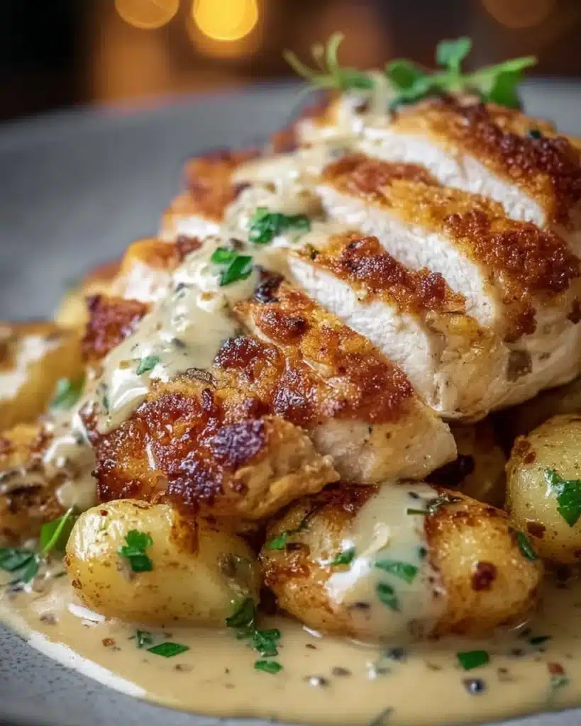 Creamy Asiago Chicken Gnocchi served with fresh herbs