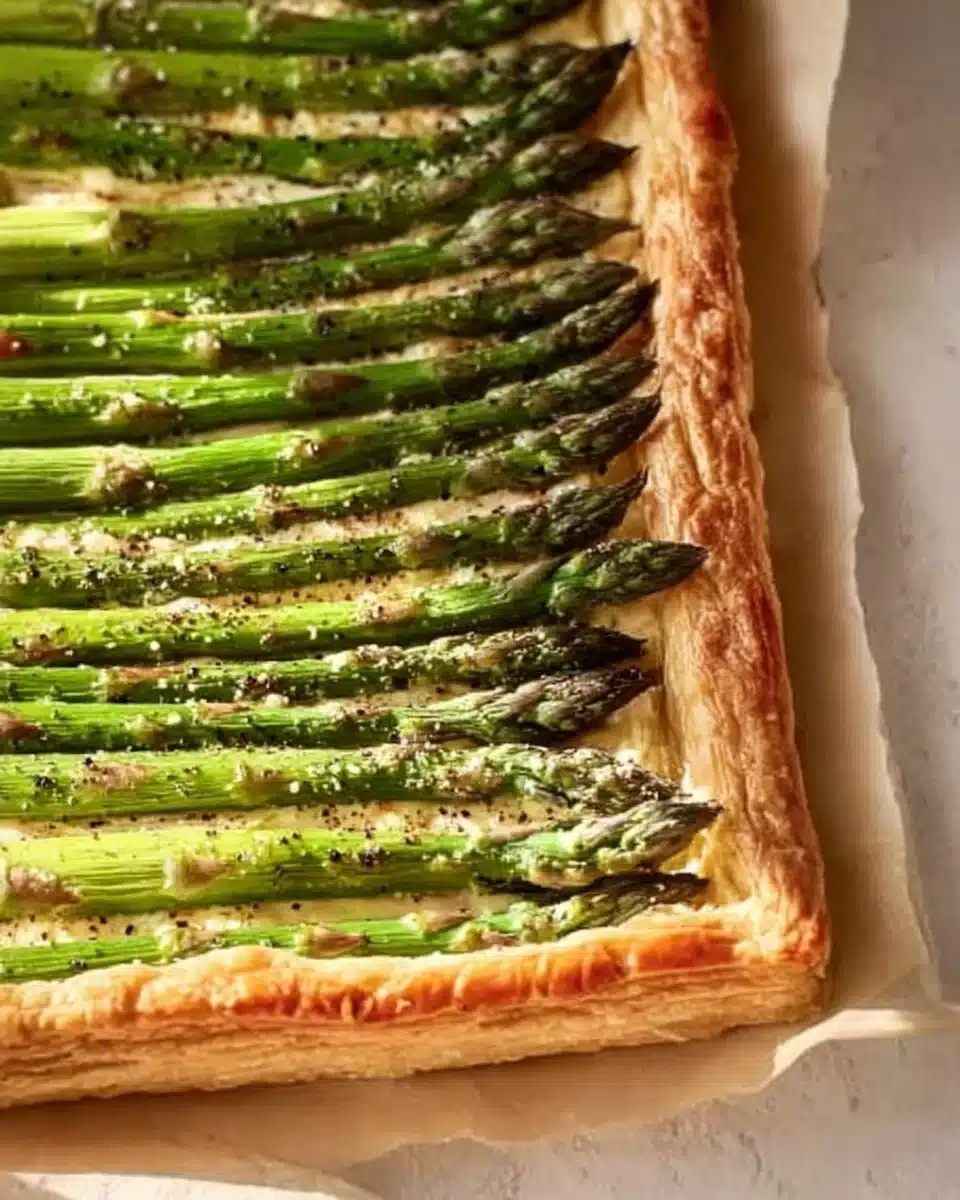 Asparagus Gruyere Tart with fresh asparagus and melted cheese on a pastry crust