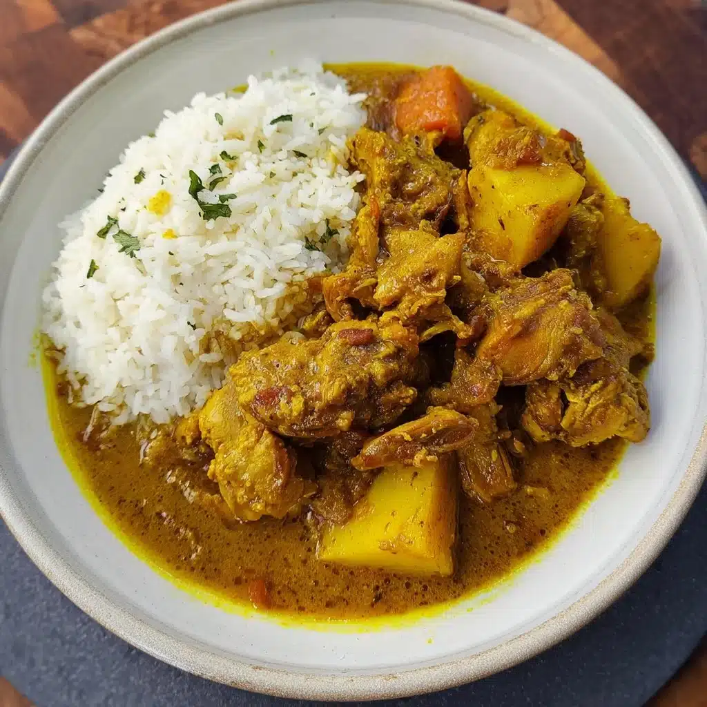 Delicious plate of Authentic Jamaican Curry Chicken served with rice and peas.