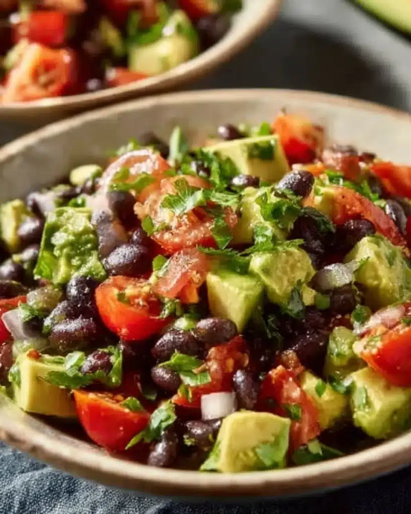 Healthy avocado and black bean salad served in a bowl